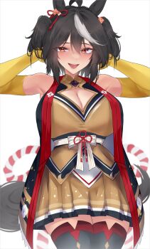 1girl absurdres ahoge animal_ears arm_warmers bare_shoulders black_gem black_hair black_shirt black_skirt black_tail black_thighhighs blurry blurry_background bow breasts chanchanko_(clothes) chest_jewel cleavage cleavage_cutout clothing_cutout commentary cowboy_shot diamond_cutout ear_ornament ear_ribbon gem gold_trim hair_between_eyes highres horse_ears horse_girl horse_tail kitasan_black_(crowning_ooban)_(umamusume) kitasan_black_(umamusume) kouhaku_nawa large_breasts looking_at_viewer medium_hair miniskirt multicolored_hair multicolored_shirt multicolored_skirt obi open_mouth orange_shirt orange_skirt pleated_skirt red_eyes red_ribbon ribbon rope sash shimenawa shirt simple_background skirt sleeveless sleeveless_shirt smile solo streaked_hair tail thighhighs two-tone_hair two_side_up umamusume white_background white_hair white_streaks xkittyzx yellow_arm_warmers zettai_ryouiki