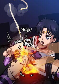 1boy 1girl absurdres bishoujo_senshi_sailor_moon black_hair bow bowtie bullying choker circlet crystal_earrings cum defeat earrings elbow_gloves english_text femdom fire flaming_hand gem gloved_handjob gloves glowing_hot gold_circlet gradient_sky hand_on_another's_leg handjob head_between_thighs highres hino_rei horns humiliation injury inner_senshi jewelry long_hair magical_girl masochism miniskirt mosbles_(mosbles7) night outdoors partially_shaded_face pleated_skirt precum projectile_cum public_indecency purple_bow purple_bowtie purple_eyes purple_hair pyrokinesis rape red_choker red_sailor_collar red_skirt sailor_collar sailor_mars sailor_senshi sailor_senshi_uniform scissorhold scratches skirt sky smoke sound_effects speech_bubble