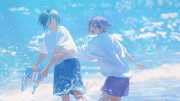 2boys ahoge air_bubble auni beach black_hair blue_hair blue_sky blue_theme blush bubble commentary danganronpa_(series) danganronpa_v3:_killing_harmony day english_commentary flipped_hair from_side hair_between_eyes happy highres male_focus medium_hair multiple_boys ocean oma_kokichi one_eye_closed open_mouth outdoors playing purple_eyes purple_hair saihara_shuichi shirt short_hair shorts sidelighting sky smile splashing sunlight t-shirt teeth upper_teeth_only water water_drop water_gun white_shirt yaoi yellow_eyes