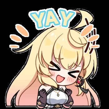 >_< 1girl :d ahoge animated animated_gif bare_shoulders black_gloves blonde_hair blush breasts clenched_hands commentary earrings english_commentary gloves headbanging jewelry large_breasts looping_animation lowres noya_(stella_sora) official_art open_mouth raised_inner_eyebrows shirt simple_background single_earring sleeveless sleeveless_shirt smile solo sparkle_earrings stella_sora transparent_background white_shirt xd