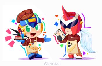 2boys alternate_costume apron assault_visor black_hair blue_helmet buysell_bird cafe commentary green_eyes helmet highres holding holding_menu long_hair male_focus mega_man_(series) mega_man_battle_network_(series) megaman.exe menu menu_board multiple_boys name_tag netnavi open_mouth protoman.exe red_helmet simple_background spiked_hair standing symbol-only_commentary twitter_username white_background white_hair