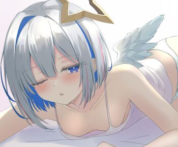 1girl amane_kanata angel angel_wings blue_eyes blue_hair blush camisole collarbone colored_inner_hair feathered_wings flat_chest gold_halo grey_hair halo highres hololive looking_at_viewer lying multicolored_hair nishiki_vx on_bed on_stomach one_eye_closed panties short_hair sidelocks simple_background single_hair_intake solo star_halo two-tone_hair underwear underwear_only virtual_youtuber white_background white_camisole white_panties white_wings wings