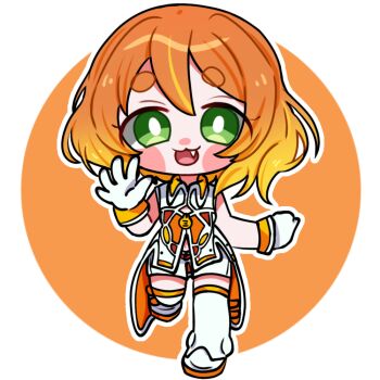 1girl :3 belt blonde_hair blush_stickers boots chibi chibi_only coattails collared_shirt commentary_request fang full_body gloves gradient_hair green_eyes hand_up looking_at_viewer medium_hair mirai_komachi multicolored_hair navel open_mouth orange_hair shirt shorts sleeveless sleeveless_shirt smile solo standing standing_on_one_leg thick_eyebrows togase_ameko vocaloid