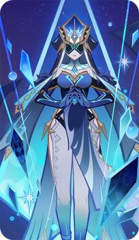 Rule 34 | 1girl, bad source, black veil, blue dress, blue gloves, breasts, closed mouth, clothing cutout, covered eyes, dress, elbow gloves, eye mask, facing viewer, genshin impact, gloves, grey pants, mask, mirror maiden (genshin impact), official art, pants, solo, standing, veil