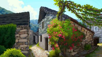 artist_logo building bush cloud commentary day doorway english_commentary fern flower grass highres house logo mountain no_humans original outdoors pixel_art plant real_world_location scenery scrunchybean sky stone_walkway sweden vines