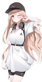 Rule 34 | 1girl, absurdres, arm at side, baseball cap, belt, black belt, black hat, black shorts, blonde hair, brown eyes, chest belt, closed mouth, dot mouth, hand up, hat, headphones, headphones around neck, highres, long hair, long shirt, n4 h4m, one eye closed, original, pointy ears, shirt, shorts, simple background, solo, standing, t-shirt, very long hair, white background, white shirt