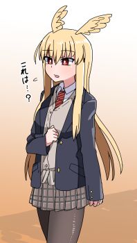 1girl absurdres akitokage black_jacket blonde_hair breasts brown_pantyhose brown_skirt collared_shirt fate/grand_order fate_(series) head_wings highres jacket large_breasts long_hair open_clothes open_jacket open_mouth pantyhose red_eyes shirt sidelocks skirt solo thighs thrud_(fate) translation_request valkyrie_(fate) wings