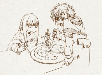 2boys blunt_bangs canute food fork frown fur_trim highres holding holding_fork holding_knife holding_utensil hood knife long_hair looking_at_another male_focus messy_hair monochrome multiple_boys open_mouth pizza pizza_slice plate ruchidic sidelocks sweat sweatdrop table teeth thorfinn upper_teeth_only vinland_saga