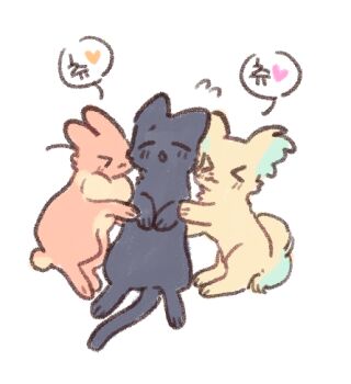 Rule 34 | animal, animal focus, animalization, basil (wgh0anzdple3asf), black cat, cat, commentary, dog, flying sweatdrops, full body, group hug, hasu no sanrenka, hinoshita kaho, hug, korean text, link! like! love live!, love live!, lowres, murano sayaka, no humans, osawa rurino, rabbit, simple background, speech bubble, translation request, virtual youtuber, white background, yellow dog