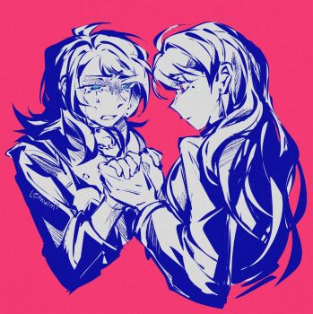 2girls bang_dream! bang_dream!_it&#039;s_mygo!!!!! blue_eyes closed_mouth commentary crying crying_with_eyes_open earclip earrings english_commentary highres holding_hands jewelry limited_palette long_hair long_sleeves medium_hair mole mole_under_eye multiple_girls phos_(ennuuiim) pink_background purple_eyes shiina_taki simple_background tears yahata_umiri