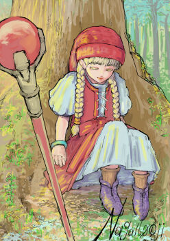 1girl artist_name bangle blonde_hair bracelet braid brown_socks closed_eyes colored_eyelashes dragon_quest dragon_quest_xi dress forest full_body hair_tie hat highres jewelry light_smile long_dress long_hair naga160oji nature puffy_short_sleeves puffy_sleeves purple_shoes red_dress red_hat shoes short_sleeves sitting sleeping socks solo staff tree twin_braids two-tone_dress under_tree veronica_(dq11) white_dress