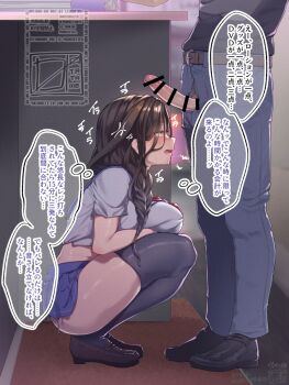 1boy 1girl atatame_masuka bar_censor blue_thighhighs blush braid breasts brown_hair censored commentary_request grey_hair hair_ornament hair_over_one_eye highres imminent_fellatio large_breasts loafers long_hair multicolored_hair nijisanji open_mouth orange_eyes shirayuki_tomoe shoes single_braid sweat thighhighs translation_request virtual_youtuber watermark