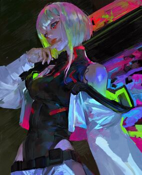 1girl asymmetrical_hair bare_shoulders belt black_belt black_leotard blue_eyes breasts brush_stroke covered_navel cropped_jacket cyberpunk:_edgerunners cyberpunk_(series) daodtt eyeliner highres jacket leotard lucy_(cyberpunk) makeup medium_breasts multicolored_hair off-shoulder_jacket off_shoulder red_eyeliner solo traditional_media white_jacket