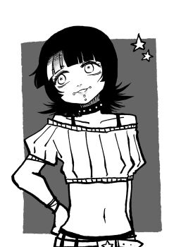 1boy androgynous artist_request crossdressing crossdressing_(mtf) face_piercing hand_on_own_hip highres hoshi_kirara jujutsu_kaisen lips monochrome mouth_piercing navel simple_background solo star-shaped_pupils star_(symbol) symbol-shaped_pupils trap
