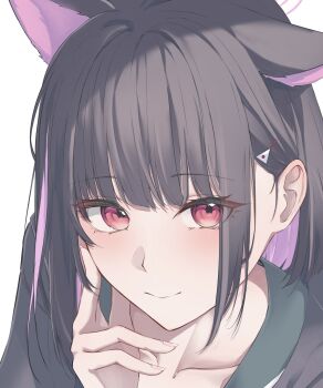 1girl absurdres black_hair black_hoodie blue_archive closed_mouth collarbone colored_inner_animal_ears colored_inner_hair glowing glowing_halo halo highres hood hoodie kazusa_(blue_archive) looking_at_viewer multicolored_hair pink_hair pink_halo red_eyes simple_background smile solo toorisugari_no_dechikou two-tone_hair white_background
