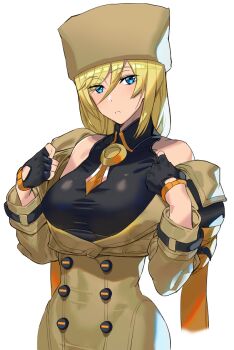 1girl ashiomi_masato bare_shoulders black_gloves black_shirt blonde_hair blue_eyes brown_coat buttons coat collared_shirt covered_navel double-breasted eyes_visible_through_hair fingerless_gloves fur_hat gloves groin guilty_gear guilty_gear_strive halterneck hat millia_rage off_shoulder open_clothes open_coat removing_coat shirt simple_background sleeveless sleeveless_shirt solo taut_clothes taut_shirt white_background wide_hips