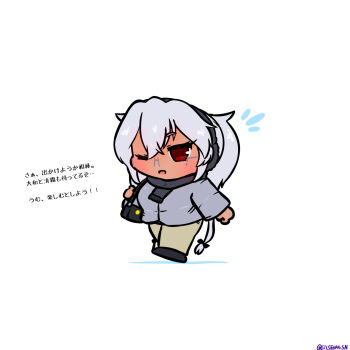 1girl alternate_costume black_scarf chibi commentary_request dark-skinned_female dark_skin full_body glasses grey_hair grey_jacket highres jacket kantai_collection musashi_(kancolle) one_eye_closed pants radical_bullet red_eyes scarf simple_background solo translation_request walking white_background white_pants