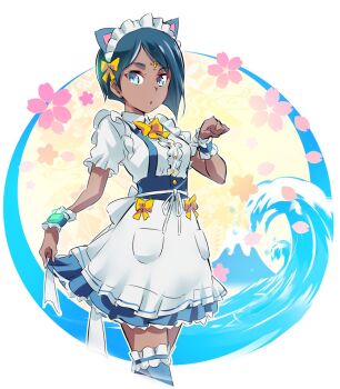 1girl animal_ears apron cat_ears ciel_soleil dark-skinned_female dark_skin female_focus forehead_jewel frills green_eyes iesupa maid maid_apron maid_headdress rwby skirt solo thighhighs voice_actor_connection