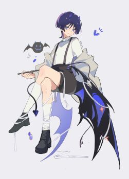 1boy alternate_costume arm_at_side arms_at_sides artist_name bandages black_shoes black_shorts black_tail black_wings blunt_ends casual collared_shirt colored_inner_hair contemporary cross-laced_shoes crossed_legs demon_boy demon_horns demon_tail demon_wings eyeliner eyeshadow fingernails floating genshin_impact grey_background head_tilt heart heart_tail holding holding_whip horns jacket kneehighs levitation long_sleeves looking_at_viewer low_wings makeup male_focus multicolored_hair off_shoulder open_mouth purple_eyes purple_hair purple_horns red_eyeliner red_eyeshadow scaramouche_(genshin_impact) shimianaya shirt shoes shorts sitting smile socks solo suspender_shorts suspenders tail wanderer_(genshin_impact) white_jacket white_shirt white_sleeves white_socks wings wispy_bangs