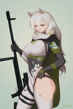 1girl absurdres anti-materiel_rifle artist_name blue_eyes bolt_action breasts bullpup closed_mouth commentary english_commentary girls&#039;_frontline green_background gun hammer_and_sickle highres holding holding_gun holding_weapon ksvk_(girls&#039;_frontline) ksvk_12.7 large_breasts long_hair looking_at_viewer nishibuya rifle scope simple_background sniper_rifle solo weapon white_hair