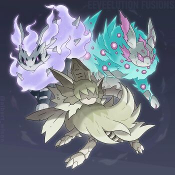 albrt-wlson alolan_form alolan_marowak alternate_color animal_focus closed_mouth commentary crack english_commentary english_text fire flareon fusion gen_1_pokemon gen_4_pokemon gen_7_pokemon hair_over_eyes highres houndstone instagram_username jolteon making-of_available nintendo no_humans pokemon pokemon_(creature) pokemon_focus purple_fire shiny_pokemon spikes spiritomb tombstone vaporeon