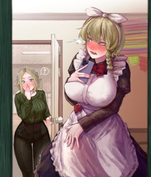 2girls absurdres apron asymmetrical_sidelocks bikini blonde_hair blue_eyes blunt_bangs blush body_freckles bow braid braided_sidelock breast_freckles breasts brown_pants caught commission cosplay covered_erect_nipples cowboy_shot embroidery fang freckles green_sweater hair_bow hand_on_own_chest hand_to_own_mouth headscarf highres holding holding_phone indoors interrupted large_breasts long_hair looking_back m4skedboi maid maid_apron maid_headdress messy_hair military_fatigues military_uniform mirror mirror_image mirror_selfie multicolored_bikini multiple_girls myroslava_bozhuk olena_bozhuk opening opening_door original pants phone selfie short_hair siblings sidelocks single_braid sisters surprised sweater swimsuit taking_picture thighs turning_head white_headscarf wide_hips