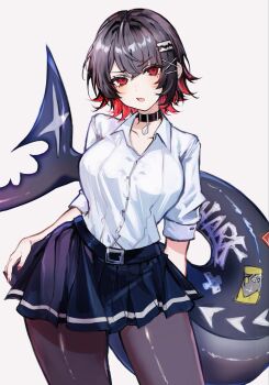 1girl belted_skirt black_choker black_hair black_pantyhose blue_skirt blush choker collarbone colored_inner_hair commentary_request ellen_joe ellen_joe_(on_campus) fins fish_tail hair_between_eyes hand_on_own_hip highres looking_at_viewer mole mole_under_eye multicolored_hair official_alternate_costume open_mouth pantyhose partially_unbuttoned pendant_choker razor_blade_hair_ornament red_eyes red_nails scar scar_on_tail shark_girl shark_tail sharp_teeth shirt short_hair simple_background skirt sleeves_rolled_up solo ss4xl sticker tail teeth upper_teeth_only white_background white_shirt zenless_zone_zero