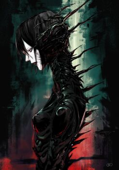 Rule 34 | 1girl, 8zuke, black bodysuit, black hair, black lips, blame!, bodysuit, breasts, colored skin, commentary, eyeshadow, from side, highres, makeup, painterly, red eyes, short hair, small breasts, solo, susono musubi, tagme, upper body, white skin