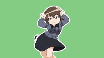 1girl animated animated_gif arms_up black_skirt brown_eyes brown_hair caramelldansen collared_shirt dancing girls_und_panzer green_background grey_jacket jacket kuromorimine_school_uniform looking_at_viewer nishizumi_maho noriko_animation parody school_uniform shirt short_hair skirt smile solo