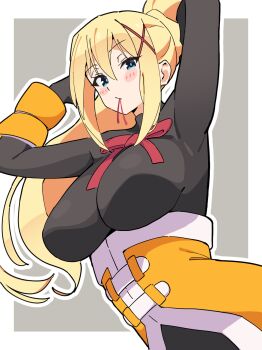 Rule 34 | 1girl, :/, arms behind head, arms up, black bodysuit, blonde hair, blue eyes, blush stickers, bodysuit, braid, breasts, commentary, darkness (konosuba), grey background, hair between eyes, hair ornament, hair tie in mouth, highres, impossible bodysuit, impossible clothes, kono subarashii sekai ni shukufuku wo!, large breasts, long hair, mouth hold, noyama takenoko, outline, ponytail, ponytail with braided base, simple background, solo, tying hair, white outline, x hair ornament