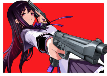 Rule 34 | 1girl, akemi homura, akemi homura (magical girl), beretta 92, black hair, dual wielding, from below, gun, handgun, holding, long hair, looking at viewer, mahou shoujo madoka magica, red background, red eyes, smile, solo, timmyyen, very long hair, weapon