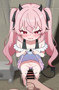 1boy 1girl absurdres bar_censor bare_shoulders barefoot black_horns black_ribbon black_tail blush censored clothes_lift collarbone commentary_request condenser_unit demon_girl demon_horns demon_tail dress dress_lift flat_chest hair_ribbon heart heart_censor hetero highres horns korean_commentary lifting_own_clothes loli long_hair looking_at_penis looking_at_viewer looking_down male_masturbation masturbation navel no_panties off-shoulder_dress off_shoulder open_mouth original outdoors penis pink_hair pointy_ears pov purple_dress red_eyes ribbon solo_focus standing star-shaped_pupils star_(symbol) symbol-shaped_pupils tail toes trembling twintails twitching_penis variant_set wavy_mouth zing_(z_z_zing)