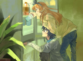 2girls black_hair black_pants blonde_hair blue_eyes bow_hairband can chinese_commentary closed_mouth commentary glasses grey_hairband grey_shirt hairband highres holding holding_can indoors jiguang_haibao koishikawa_iko layered_sleeves long_hair long_sleeves momijiyama_teru multiple_girls painterly pants parted_lips refrigerator shirt short_over_long_sleeves short_sleeves shy_(series) smile squatting standing sweater yellow_sweater