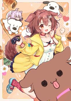 2girls ;d absurdres animal_collar animal_ears baguette blue_shoes bone_hair_ornament braid bread breasts brown_hair buttons cartoon_bone collar collarbone commentary_request controller dog_ears dog_girl dog_tail dress fang flower food game_controller hacosumi hair_ornament halftone halftone_background heart highres holding holding_controller holding_game_controller hololive inugami_korone inugami_korone_(1st_costume) inugami_korone_(dog) jacket listener_(inugami_korone) long_sleeves looking_at_viewer low_twin_braids medium_hair multiple_girls nekomata_okayu one_eye_closed open_clothes open_jacket open_mouth orange_background red_collar red_eyes red_socks shoes smile socks solo_focus tail twin_braids virtual_youtuber white_dress white_flower yellow_jacket