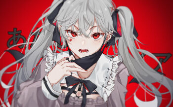 1girl absurdres bat_wings black_mask black_ribbon breasts cleavage cleavage_cutout clothing_cutout collared_shirt commentary ear_piercing earrings english_commentary facial_mark fangs frilled_shirt_collar frills genderswap genderswap_(mtf) grey_hair grey_shirt hair_between_eyes hair_ribbon hand_up heart heart_facial_mark highres huo_jian_chong_rudao_76 jewelry jirai_kei kuzuha_(nijisanji) light_blush long_hair looking_at_viewer mask mask_pull mole mole_under_eye mouth_mask multiple_rings neck_ribbon nijisanji open_mouth piercing pointy_ears red_background red_eyes red_nails ribbon ring sanya_(kuzuha) shirt solo stud_earrings teeth twintails upper_body vampire_(vocaloid) vignetting virtual_youtuber wings