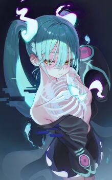 1girl absurdres aqua_hair black_jacket black_skirt breasts closed_mouth commentary ghost_miku_(project_voltage) glitch gloom_(expression) gradient_background green_eyes hair_between_eyes hatsune_miku highres jacket long_hair long_sleeves looking_at_viewer nintendo open_clothes open_jacket p00nipooni pokemon project_voltage ribs see-through_body skirt sleeves_past_fingers sleeves_past_wrists solo symbol-only_commentary thighs twintails vocaloid will-o&#039;-the-wisp_(mythology) x-ray