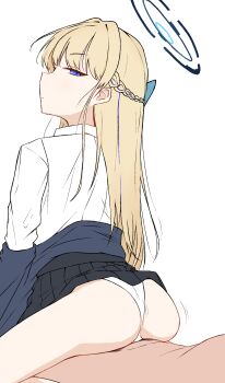 1girl absurdres ass black_skirt blonde_hair blue_archive blue_eyes clothes_lift commentary_request expressionless flat_color from_side halo highres korean_commentary long_hair mintchoco_(minchothudong) official_alternate_costume official_alternate_hair_length official_alternate_hairstyle panties profile shirt simple_background skirt skirt_lift solo_focus toki_(blue_archive) toki_(school_uniform)_(blue_archive) underwear unfinished white_background white_panties white_shirt