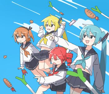 4girls a.i._voice absurdres adachi_rei akita_neru auhuheben17 baguette blonde_hair blue_background blue_bow blue_hair blue_sky bow bread chicken_(food) closed_eyes closed_mouth cloud commentary drill_hair fire food fried_chicken hatsune_miku highres kasane_teto long_hair midriff multiple_girls open_mouth orange_bow orange_hair pointing pointing_forward red_bow red_hair school_uniform serafuku sky spring_onion stomach triple_baka_(vocaloid) twin_drills twintails utau vocaloid yellow_bow