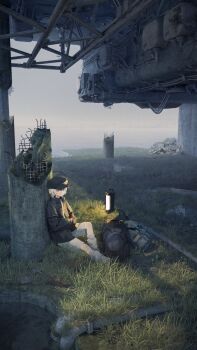 1girl absurdres backpack bag black_hat black_jacket grass hat highres holding industrial_pipe jacket lantern leg_warmers long_sleeves m._(emudotto) original outdoors scenery short_hair shorts sitting solo white_hair white_leg_warmers white_shorts