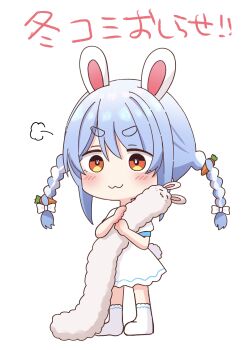 Rule 34 | 1girl, :3, absurdres, aged down, animal ears, blue hair, blush, bow, braid, carrot hair ornament, chibi, closed mouth, commentary request, don-chan (usada pekora), dress, food-themed hair ornament, full body, hair between eyes, hair bow, hair ornament, highres, hololive, hug, kiritoma, long hair, multicolored hair, no shoes, puffy short sleeves, puffy sleeves, rabbit-shaped pupils, rabbit ears, rabbit girl, rabbit tail, red eyes, short eyebrows, short sleeves, simple background, socks, solo, standing, symbol-shaped pupils, tail, thick eyebrows, translation request, twin braids, twintails, two-tone hair, usada pekora, v-shaped eyebrows, virtual youtuber, white background, white bow, white dress, white hair, white socks