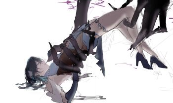 2girls absurdres alternate_form aqua_dress aqua_eyes bead_necklace beads black_hair brenn_(idwytl) commentary dress elbow_gloves english_commentary fingernails gloves herta_(honkai:_star_rail) high_heels highres honkai:_star_rail honkai_(series) irontomb jewelry large_hands legs lifting_person long_fingernails multiple_girls necklace ruan_mei_(honkai:_star_rail) size_difference the_herta_(honkai:_star_rail) thigh_strap thighs white_background yuri