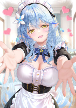 1girl absurdres alternate_costume apron black_dress blue_bow blue_hair blush bow breasts cleavage commentary_request dress elf enmaided heart highres hololive large_breasts looking_at_viewer maid maid_apron maid_headdress nanaki24 open_mouth pointy_ears reaching reaching_towards_viewer revision short_sleeves solo virtual_youtuber yellow_eyes yukihana_lamy