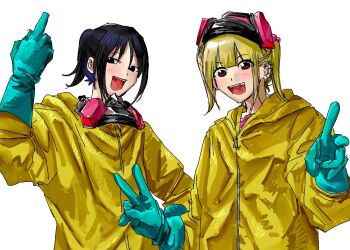Rule 34 | 2girls, black eyes, black hair, blonde hair, blue gloves, blush, breaking bad, brown eyes, chanel (jimoto saikou), chihiro (jimoto saikou), chipped tooth, double v, gloves, hair bobbles, hair ornament, hand on own hip, hand up, hazmat suit, highres, jimoto saikou, jumpsuit, long sleeves, looking at viewer, mask, mask around neck, mask on head, middle finger, multiple girls, open mouth, peace na ai no vibes de positive na kanji de ite hoshii, ponytail, respirator, rubber gloves, short hair, short ponytail, short twintails, simple background, smile, twintails, v, white background, yellow jumpsuit