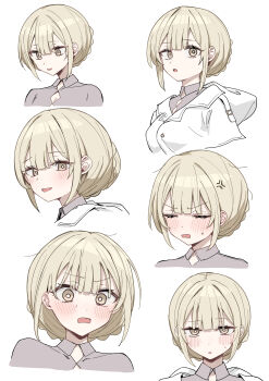 Rule 34 | 1girl, :d, absurdres, anger vein, blush, braid, breasts, brown eyes, brown hair, collared shirt, commentary request, cropped torso, grey shirt, highres, hood, hood down, hooded jacket, jacket, medium breasts, multiple views, open mouth, original, parted lips, piripun, shirt, short hair, simple background, smile, sweat, upper body, v-shaped eyebrows, white background, white jacket