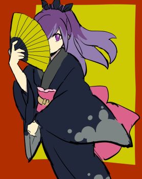 1girl ayu_3ays black_kimono hand_fan highres hyakkihime japanese_clothes kimono long_hair looking_at_viewer purple_eyes purple_hair red_background solo two-tone_background yellow_background youkai_(youkai_watch) youkai_watch