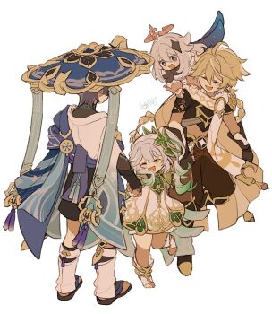 2boys 2girls aether_(genshin_impact) ahoge animal_print anklet armlet armor arms_at_sides asymmetrical_sidelocks bird_print black_bodysuit black_boots black_bridal_gauntlets black_cape black_gloves black_hair black_pants black_sandals black_shirt black_shorts black_sleeves blonde_hair bloomers blue_cape blue_hat blue_jingasa blunt_ends bodysuit boots braid bridal_gauntlets bright_pupils cape closed_eyes colored_tips commentary_request crop_top detached_sleeves diamond_hair_ornament dress earrings eyelashes facing_another feather_earrings feathers floating full_body furisode genshin_impact gloves gold gold_anklet gold_armlet gold_halo gold_ring gold_trim gradient_cape green_hair green_sleeves half_crown_braid halo hands_up happy hat height_difference highres holding_hands iwashi_(iwashi008) japanese_armor japanese_clothes jewelry jingasa kimono kote kurokote leg_warmers levitation long_hair long_sleeves looking_at_another low-braided_long_hair low-tied_long_hair mandala mechanical_halo medium_hair middle_ring multicolored_hair multiple_boys multiple_girls nahida_(genshin_impact) open_mouth paimon_(genshin_impact) pants purple_eyes purple_rope purple_sash romper rope sandals sash scaramouche_(genshin_impact) scarf shirt short_dress shorts shoulder_peek side_cape side_ponytail sidelocks signature socks stirrup_footwear stirrup_legwear streaked_hair tareme tassel toeless_legwear toes turtleneck turtleneck_bodysuit underwear wanderer_(genshin_impact) white_background white_bloomers white_cape white_dress white_hair white_kimono white_leg_warmers white_pupils white_romper white_scarf white_socks white_trim zouri