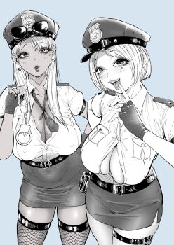 2girls belt breasts cleavage cuffs dark-skinned_female dark_skin earrings eyewear_on_head fingerless_gloves fishnet_thighhighs fishnets gloves gyaru handcuffs hat heart heart_earrings highres jewelry kogal large_breasts long_hair looking_at_viewer miniskirt monochrome multiple_girls nagisamade necktie open_mouth original partially_unbuttoned pencil_skirt piercing police police_hat police_uniform policewoman shirt short_hair skirt sunglasses thigh_strap thighhighs tongue tongue_out tongue_piercing unbuttoned unbuttoned_shirt uniform