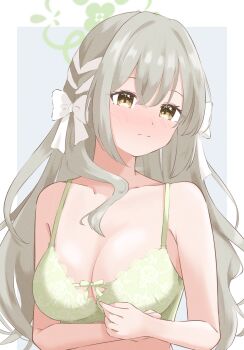1girl bare_arms bare_shoulders blue_archive blush bow breasts cleavage closed_mouth collarbone collared_shirt commentary_request food green_halo grey_hair hair_bow halo highres jacket koenage_kaoru long_hair looking_at_viewer medium_breasts miyo_(blue_archive) shirt underwear upper_body wavy_hair white_bow