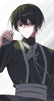 1boy absurdres black_coat black_eyes black_hair black_shirt chinese_knot closed_mouth coat e.g.o_(project_moon) grey_sash hand_up hi_i_dubu highres holding holding_rock limbus_company looking_to_the_side male_focus project_moon rock shirt simple_background solo undershirt white_background wishing_cairn_(e.g.o) yi_sang_(project_moon)