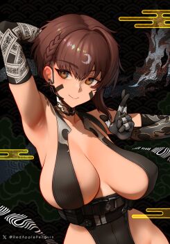 1girl arm_tattoo armpits bare_shoulders belt bodysuit braid breasts brown_eyes brown_hair cleavage closed_mouth clothing_cutout commentary delta_(nikke) delta_(ninja_thief)_(nikke) detached_collar earpiece elbow_gloves english_commentary gloves goddess_of_victory:_nikke highres hip_vent kuji-in large_breasts ninja pouch red_ringo short_hair shoulder_tattoo side_braid sleeveless sleeveless_bodysuit smile solo tattoo twitter_username